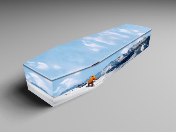 snowboarder, scuba, rugby printed coffins